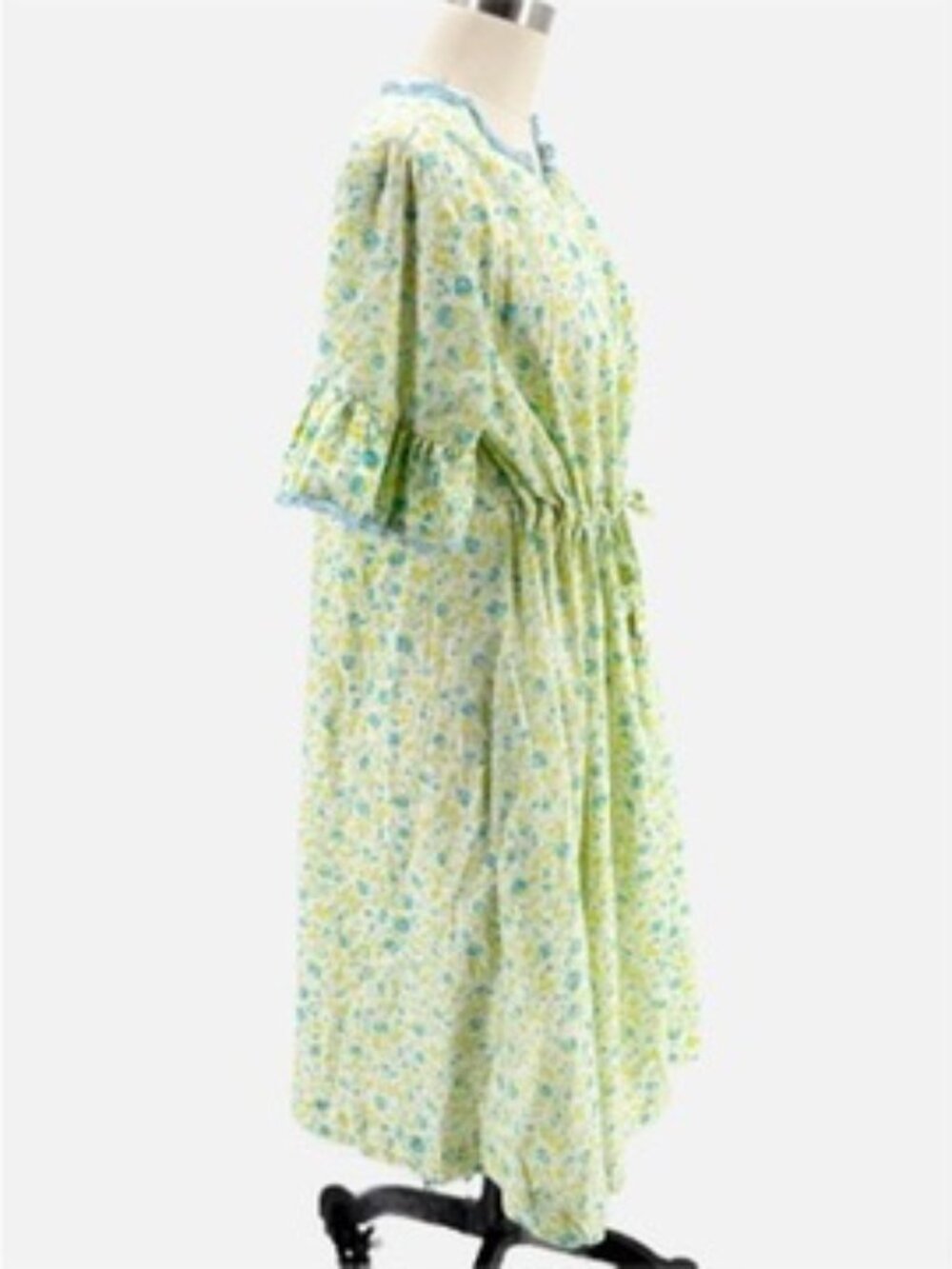 LOUNGEES Pettirobe Vtg Green Blue Floral Pockets MuMu House Dress Loungewear M - Picture 5 of 14